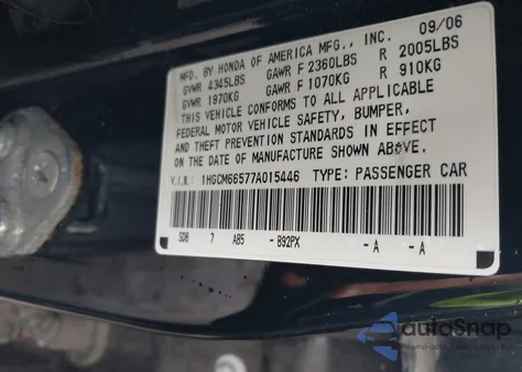 2007 Honda Accord 3.0 Ex z USA, uszkodzony, nr VIN 1HGCM66577A015446